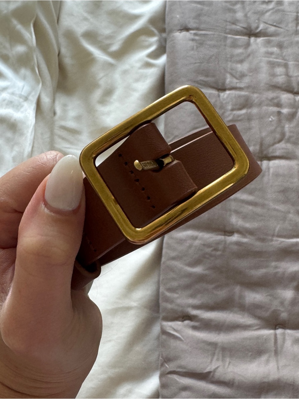 Aritzia Brown Leather Belt with Gold Square Buckle